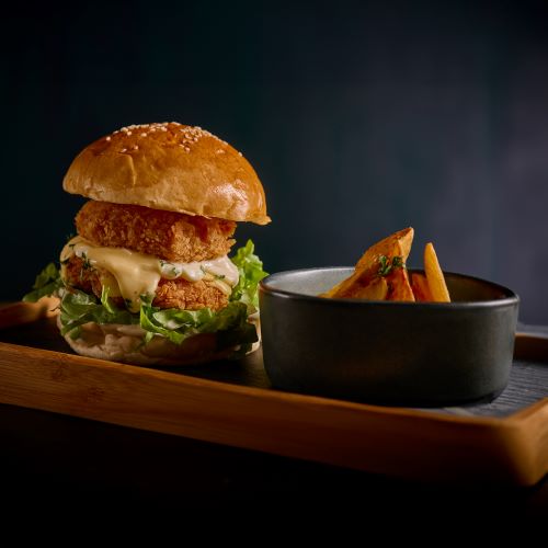 Crispy Shrimp Burger Served With Potato Wedges